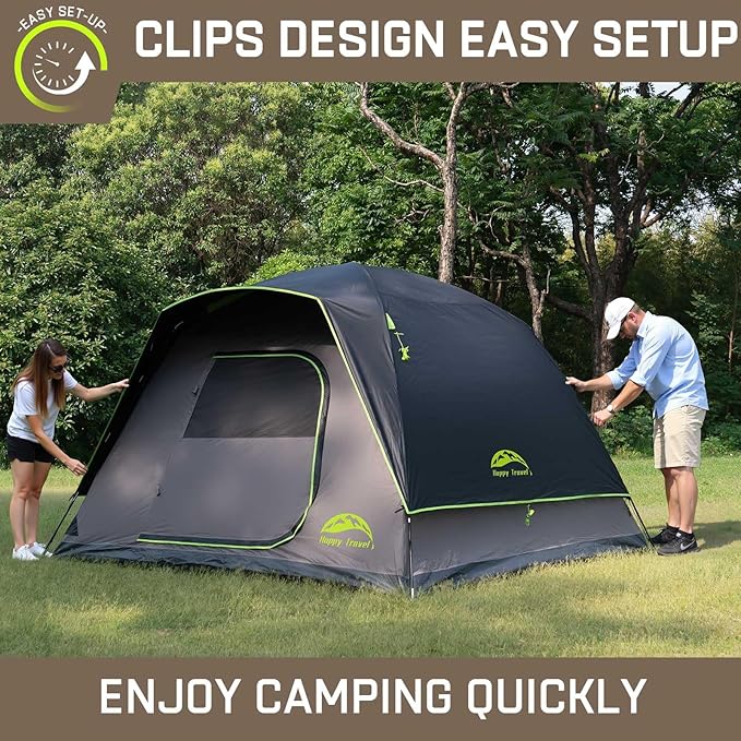 Happy Travel Camping Tent, 4/6 Person Dome Tents for Camping with Rainfly, Waterproof Clip Easy Setup Portable Family Tent with Mesh Windows, 20% More Headroom Backpacking Tents for Camping & Hiking