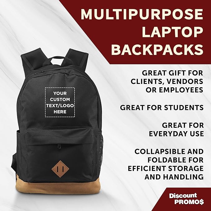 DISCOUNT PROMOS Custom Multipurpose Laptop Backpacks Set of 10/40/80, Personalized Bulk Pack - Lots of Features for Everyday Use, Perfect for Employess, Businessman - Black