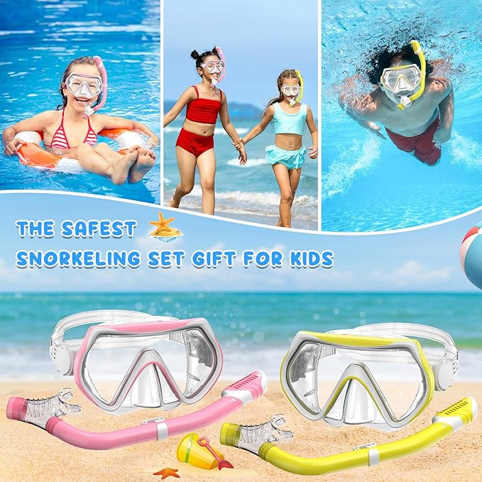 Snorkeling Gear for Kids, Kids Snorkel Set for Ages 6-14, Dry Top Snorkel, Mask Set Kid Swimming Goggles Diving Mask Combo Set Anti-Fog Panoramic View Scuba Packages