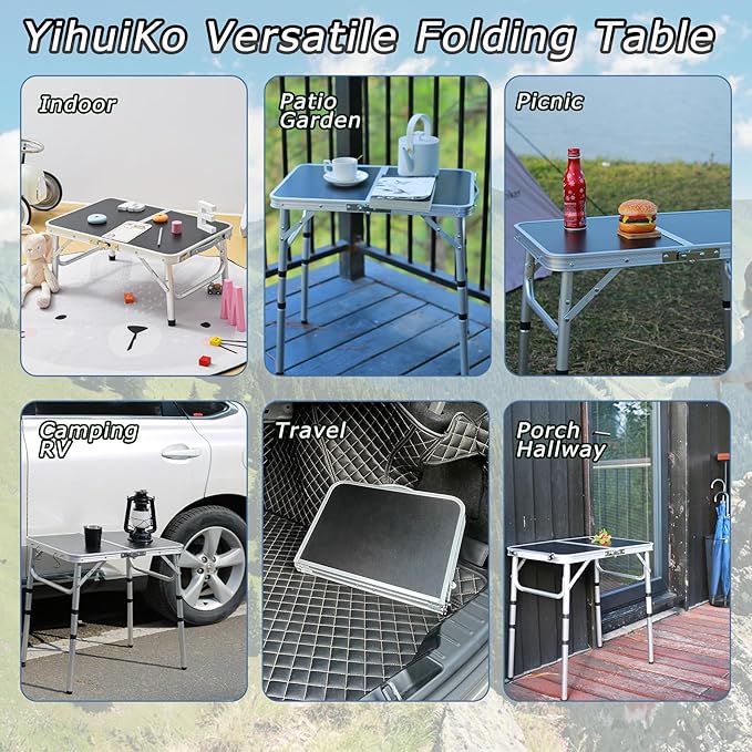 Folding Camping Table, Adjustable Height Folding Table, Portable Aluminum Small Folding Table with Carry Handle for Picnic, BBQ, Indoor, Office