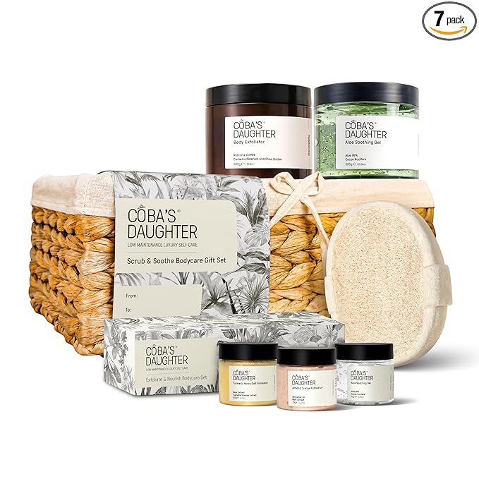 COBA’S DAUGHTER Luxury Spa Gift Set – 7-Piece Scrub & Soothe Body Care Set with Water Hyacinth Basket – Premium Mother's Day, Birthday, Housewarming, Bridal Shower & Self-Care Gift