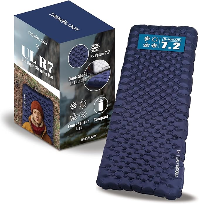 TREKOLOGY Camping Sleeping Pad – Ultra-Lightweight, 4" Thick Camping Mat with 7.2 R-Value for All Seasons – Compact, Durable & Waterproof – Ideal for Backpacking, Hiking, and Outdoor Adventures UL R7