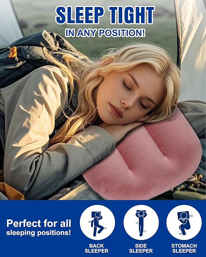 Ultralight Inflatable Camping Pillow for Sleeping – Soft Velvet Cover, Compact & Portable, Ergonomic Neck Support, Machine Washable Air Pillow, Perfect for Travel, Hiking, Backpacking – Pink