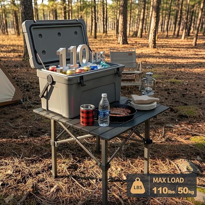 Folding Camping Table, Portable Lightweight Beach Tables for Sand Foldable, Aluminum Roll-up Folding Square Table for Outdoor Camping, Picnic, Card, Travel (Black)