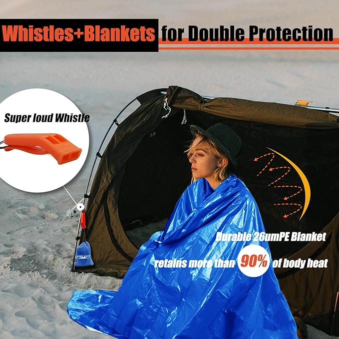 Frelaxy Emergency Blanket 2-Pack/4-Pack, Extra-Thick Extra-Large Space Blankets with Whistles, Storage Pouchs, and EVA case