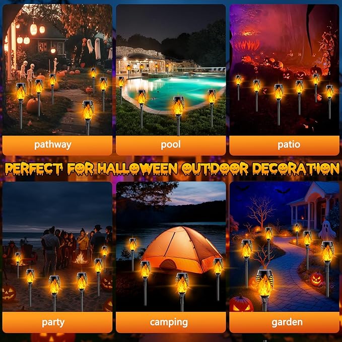 10 Pack Solar Lights Outdoor, Mini Solar Torch Lights with Flickering Flame for Halloween Decor, Solar Halloween Lights Waterproof Solar Powered Outdoor Lights for Garden Pathway Patio Yard Porch