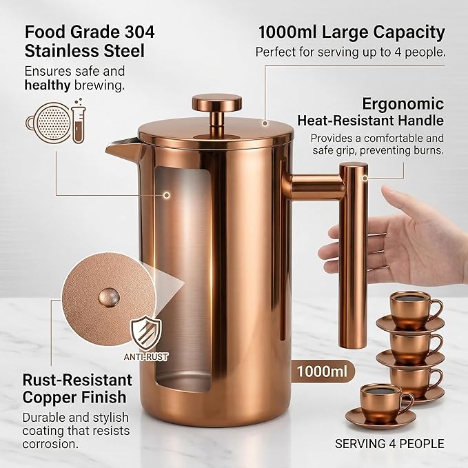 YJX 34oz Coffee Maker, Stainless Steel French Press, 1 Liter Camping Coffee Pot, Tea Maker, 34 Ounce Travel Coffee Presses, Heat Resistant Double Insulated (Coppery)