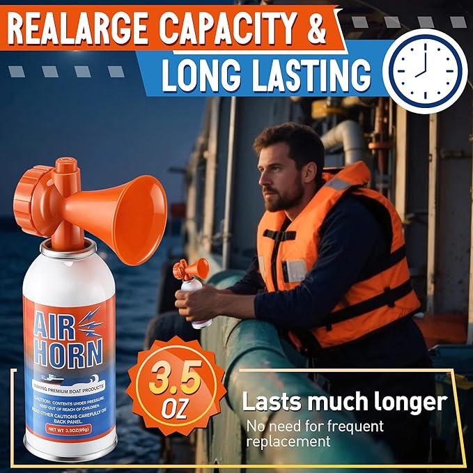 2 Pack Large Air Horn for Safety 3.5oz, 122dB Very Loud Marine Air Horn for Boat, Coast Guard Approved, Great for Boat & Marine Safety, Sporting Events, Travels, Hiking (Orange)