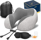 MLVOC Travel Pillow 100% Pure Memory Foam Neck Pillow, Comfortable & Breathable Cover, Machine Washable, Airplane Travel Kit with 3D Sleep Mask, Earplugs, and Luxury Bag,Standard (Grey)