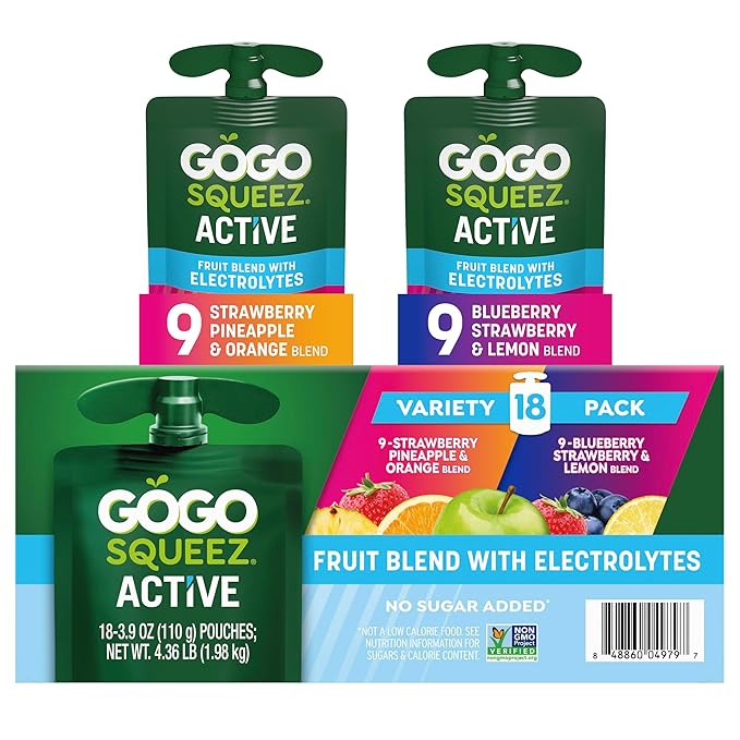 GoGo squeeZ Active Fruit Blend with Electrolytes | 18-Count Variety Pack | Blueberry Strawberry Lemon & Strawberry Pineapple Orange | Made with Real Fruit and Antioxidants Vitamin A, Vitamin E, & Vitamin C