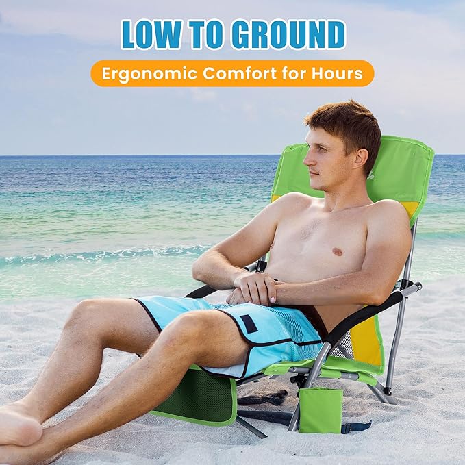 Lamberia Folding Beach Chair for Adults, Portable Low Beach Chairs with 300lbs Capacity, Lightweight Fodable Camping Chair for Travel, Picnic, Concert & Outdoor Activities,Green-Yellow