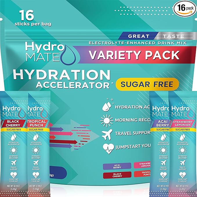 Electrolyte Powder Sugar-Free Hydration Packets Variety Pack HydroMATE 16 Sticks