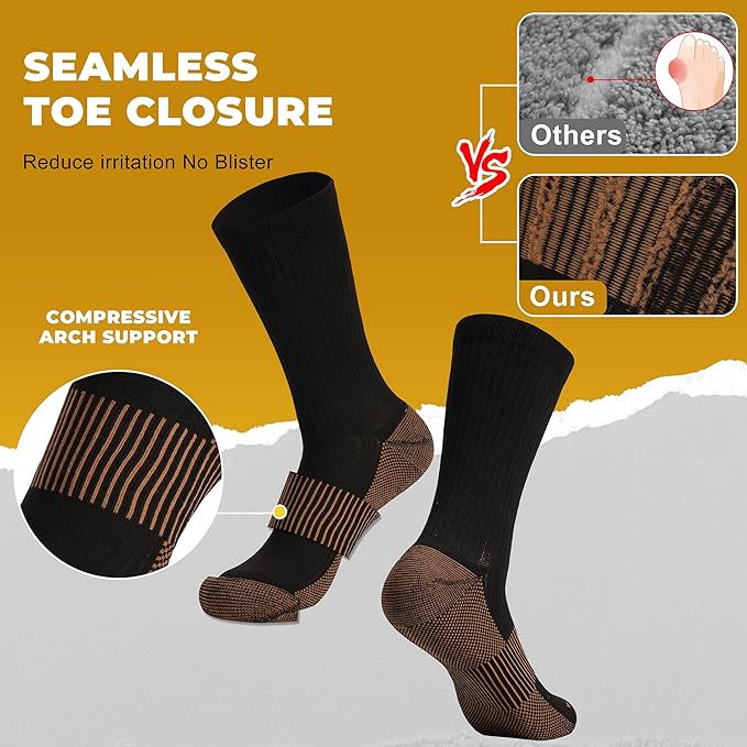 FOOTPLUS Hiking Copper Compression Socks,Unisex Cushioned Sole Arch Support Athletic Crew Running Socks