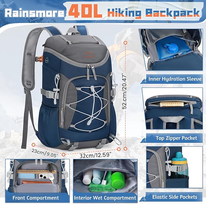 RAINSMORE Foldable Hiking Backpack for Women Men Packable Camping Backpack 40L Waterproof Hiking Daypack Bag Lightweight Collapsible Daypack for Travel Trekking Mountaineering Large Capacity Blue
