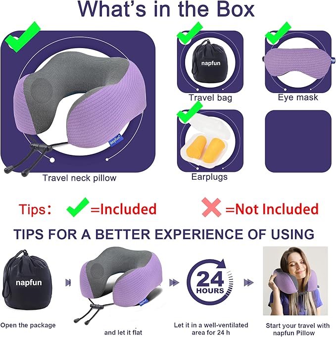 napfun Neck Pillow for Traveling, Upgraded Travel Neck Pillow for Airplane 100% Pure Memory Foam Travel Pillow for Flight Headrest Sleep, Portable Plane Accessories, Striped Light Purple Set