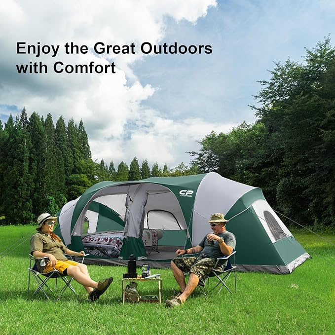 CAMPROS CP Tent 12-Person-Camping-Tents,3 Room Family Tents,Waterproof Windproof Family Tent with Top Rainfly,6 Large Mesh Windows,Double Layer,Easy Set Up, Portable with Carry Bag-20' x 9' x 72"(H)