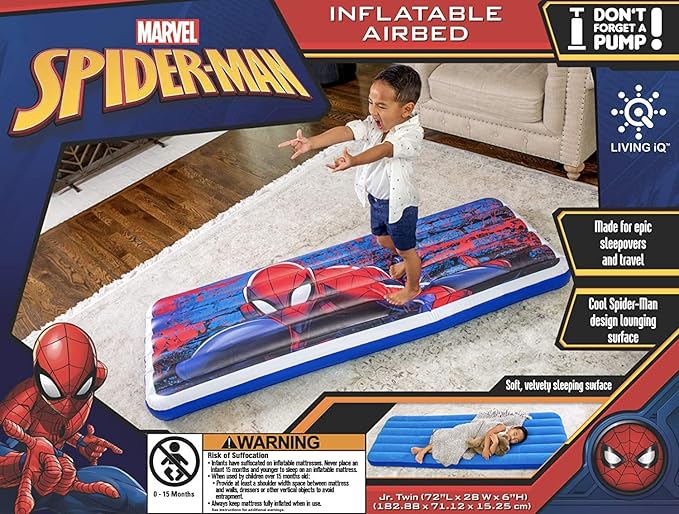 Living iQ Jr Twin-Size Kids Inflatable Air Bed, Blow-Up Mattress with Disney Marvel Spider-Man Theme, Waterproof & Puncture Resistant Vinyl, Lightweight & Portable for Travel, Hotel, Camp & Sleepover