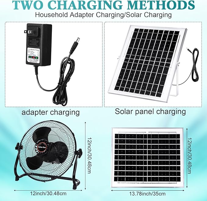 15000Mah 12 Inch Solar Panel Powered Fan, 2 in 1 Solar Panel or AC Charger Powered Fan 12W 9V Portable for Chicken Coop Greenhouse Household Exhaust Camping Travel Outdoor(Black)