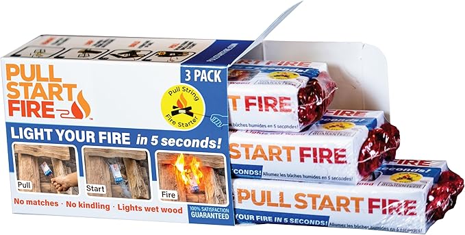 Pull Start Fire Pull String Firestarter | No Matches Required, Fire Starts in Seconds | for Campfires, Grill, Fireplace, BBQ | Lights Wet Wood, Easy to Use, Food Safe and Weather Resistant