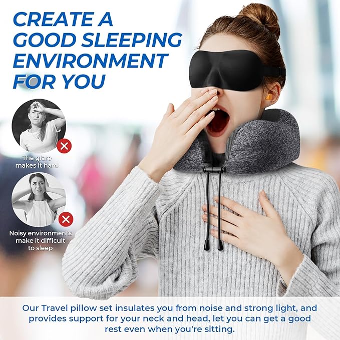 ExploreBliss Travel Pillow, 2 Pack Travel Pillows for Sleeping Airplane, Removable Cover Neck Pillow with Adjustable Clasp, Memory Foam Neck Pillow Set (Dark Grey & Black)