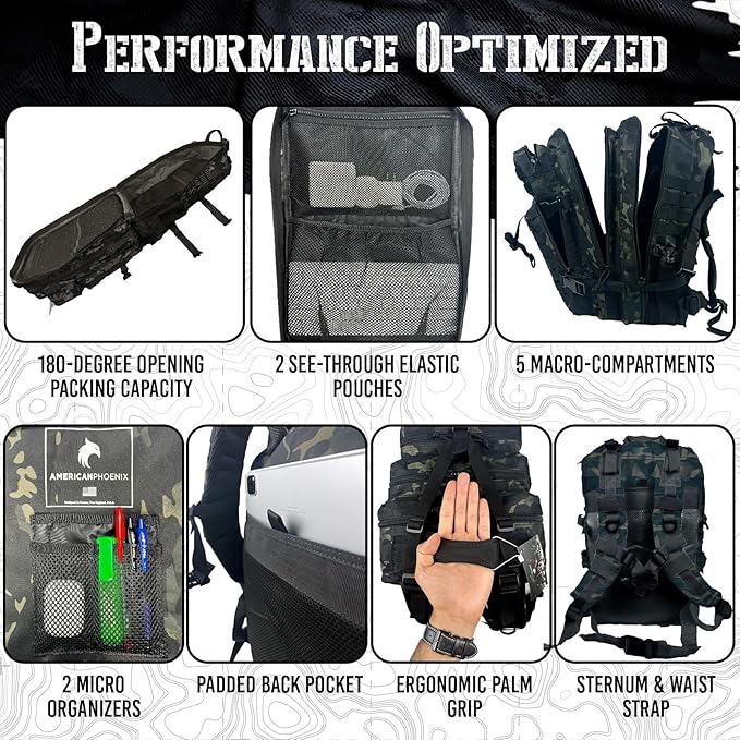 AMERICANPHOENIX 45L Elite Tactical Backpack | 3X Stronger Work & Military Backpack | Water Resistant and Heavy Duty | 3 Day MOLLE Bug Out Bag (Dark Forest)