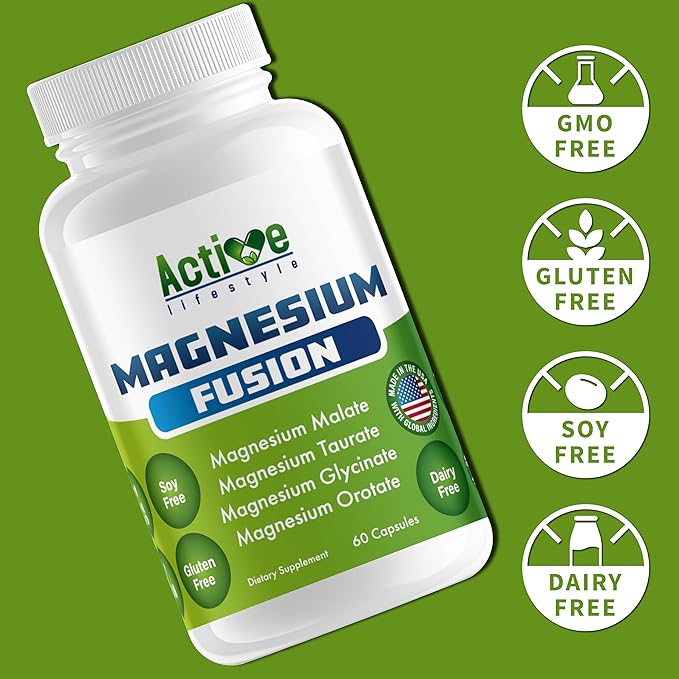 Active Lifestyle 4X Magnesium Supplement, Magnesium Glycinate, Taurate, Malate, Orotate Complex, Calm Sleep, GMO Free, Gluten Free, Soy Free, Dairy Free, Lab Tested, Made in USA