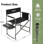 YOUNG WOOD Camping Directors Chair, Lightweight Oversized Portable Folding Chair with Side Table and Storage Pockets for Outdoor Camping, Lawn, Picnic and Fishing, Supports 400lbs (Black)