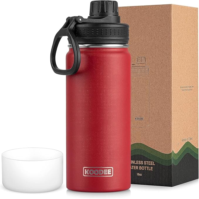 koodee Insulated Water Bottle, 18 oz Stainless Steel Double Wall Vacuum Wide Mouth Sport Bottle with Leakproof Spout Lid (Canyon Red)