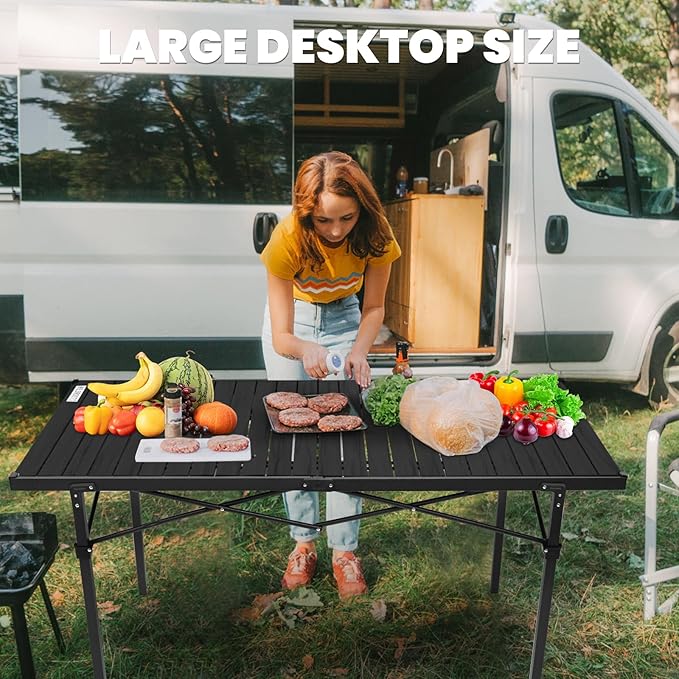 WILDROOTS Folding Camping Black Table with Carry Bag, Roll Up 4-6 People Portable Camp Square Tables for Picnic, Cooking, Beach, Travel, BBQ (XL