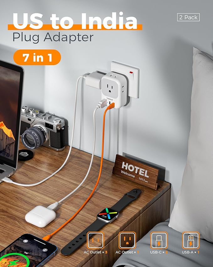 US to India Plug Adapter 2 Pack, TESSAN Type D Travel Adapter with 4 Outlets 3 USB (2 USB-C), Power Adaptor for US to India Nepal Maldives Pakistan Bangladesh Sri Lanka Bhutan Yemen