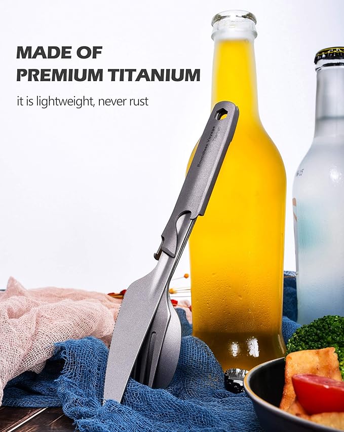 Boundless Voyage Utility Cutlery Set Titanium Spoon Fork Knife & Bottle Opener for Travel Camping in Easy to Store Cloth Case Ti1066T