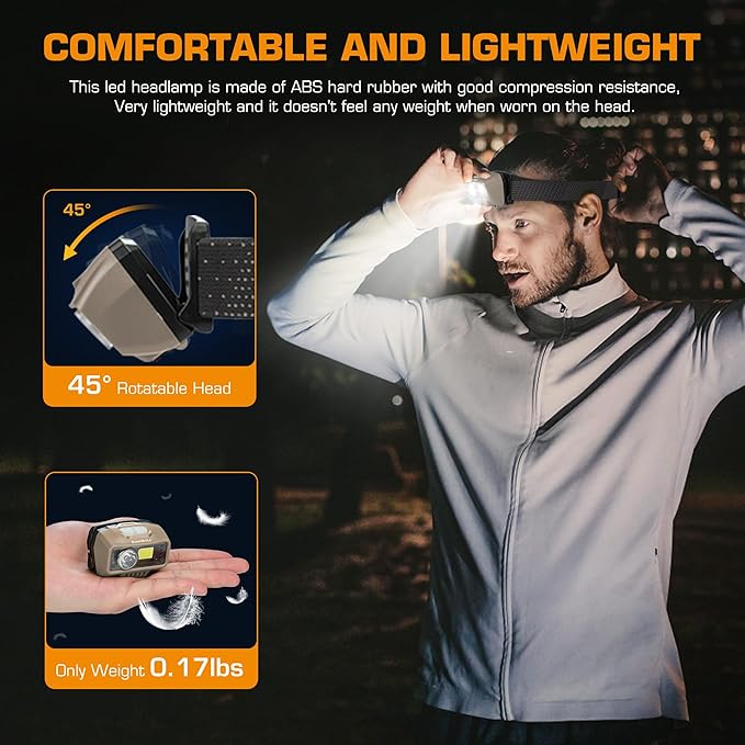 EverBrite Rechargeable Headlamp, LED Bright Motion Sensor Head Lamp Flashlight with 9 Modes, Adjustable Headlight for Adults with White Red Light, Water Resistant, Khaki, for Hiking, Running, Camping