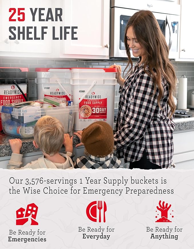 ReadyWise 1 Year Emergency Food Supply - 3,576 Servings, 24 Buckets, Freeze Dried Protein Meals, Disaster Survival Food Storage, Ready to Eat, Camping Essentials, up to 25 Year Shelf Life