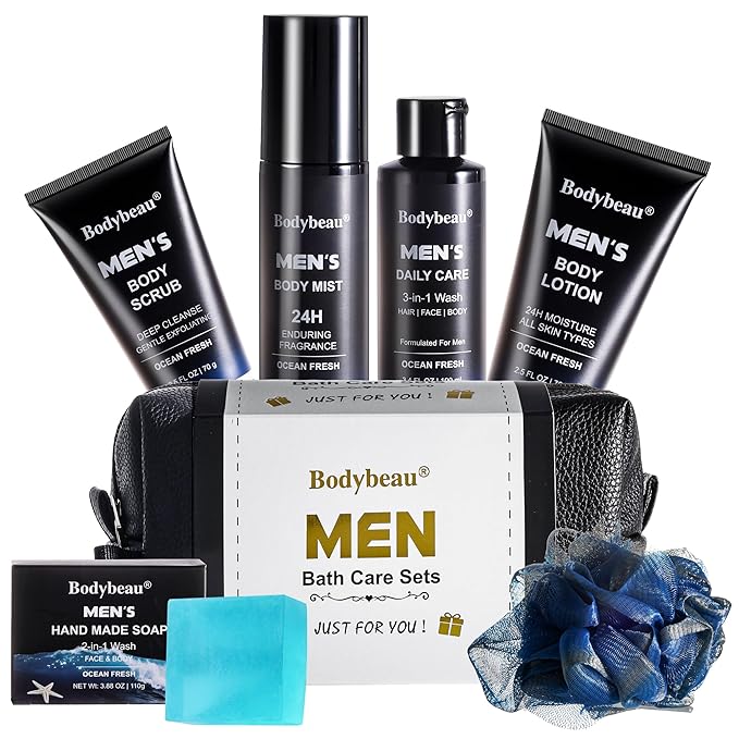 Gift for Men, 7-Piece Bath and Body Spa Gift Set, Men's Skin Care Includes 3-in-1 Face Wash, Handmade Soap, Body Mist, Lotion, Shower Sponge & Travel Bag-Gifts for Dad, Husband, Boyfriend and Friends