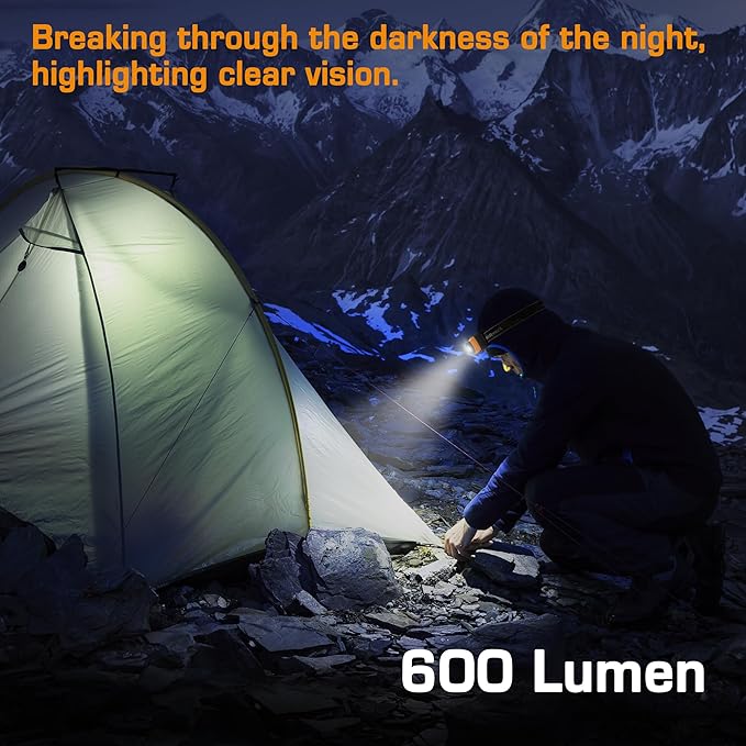 EverBrite 600 Lumen Headlamp, Rechargeable Headlight with 4 Modes, Super Bright Head Lamp with Spotlight & Floodlight, Motion Sensor, Memory Function for Camping, Hiking-Orange