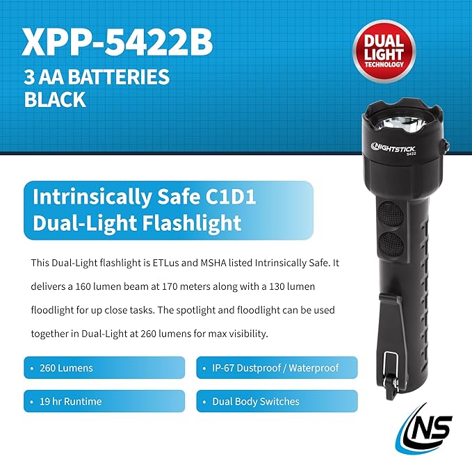 Nightstick XPP-5422B 3 AA Intrinsically Safe Permissible Dual-Light Flashlight, Black