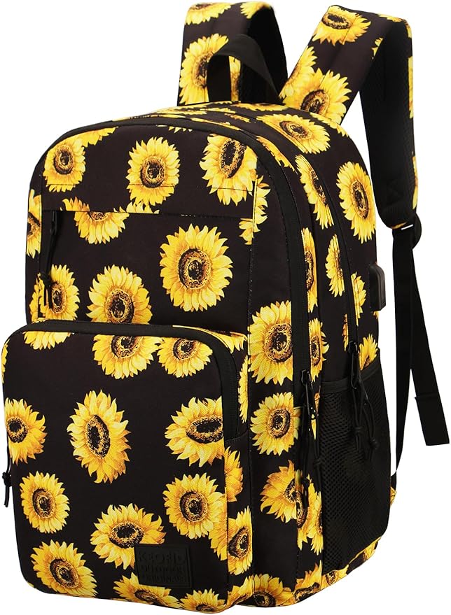 KEOFID Classic Travel backpack for Men and Women, Anti Theft Laptop Backpack with USB Charging Port for Work, Large Bag for College, Water Resistent(Sunflower)