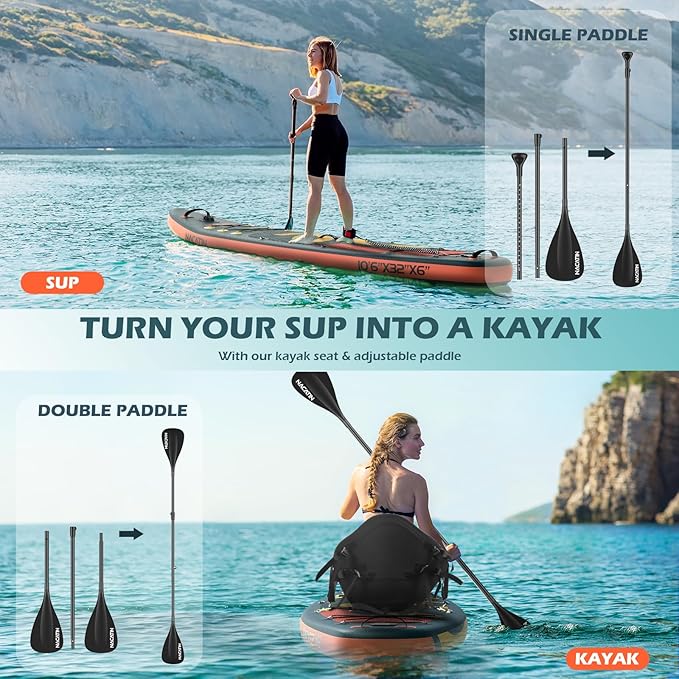 NACATIN Inflatable Stand Up Paddle Board with Kayak Seat,10'6"Upgrade Version Blow Up Paddle Boards for Adults with Premium SUP Accessories&Backpack,Adjustable Paddle,Camera Mount,Fins,Hand Pump