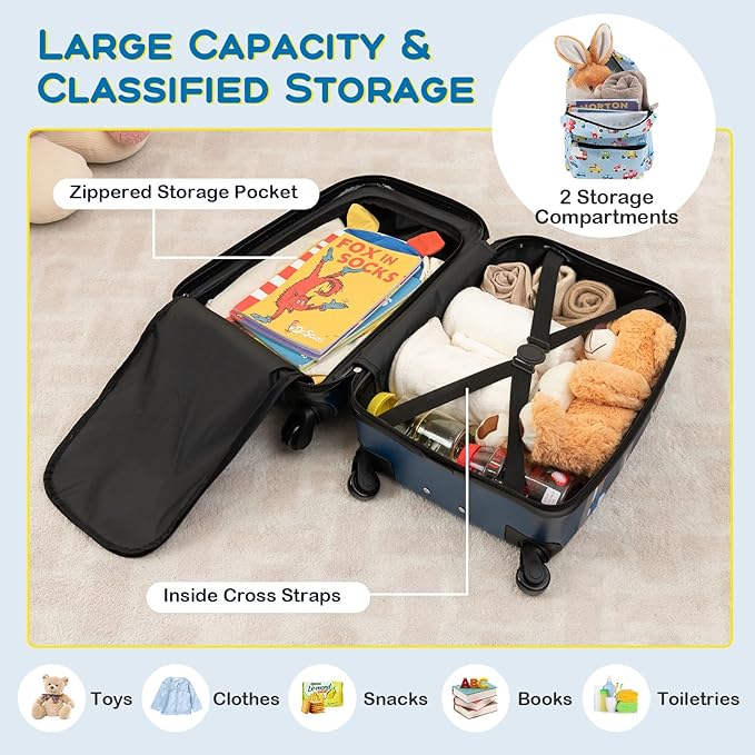 BABY JOY Kids Luggage, 5 Pieces Luggage Set w/ 16" Carry-on Hardshell Spinner Toddler Suitcase, 13" Backpack, Neck Pillow & Insulated Lunch Bag, Travel Kids Rolling Suitcase for Girls Boys (Blue Car)