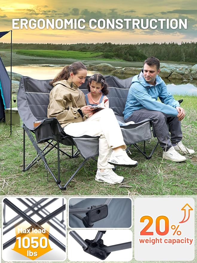TIMBER RIDGE Padded 3 Person Camping Chair Supports to 1050lbs, Portable Camp Couch Double Camping Chairs, Outdoor Oversized Folding Loveseat Perfect for Campsites, Patio/Lawn, Soccer Games, Grey