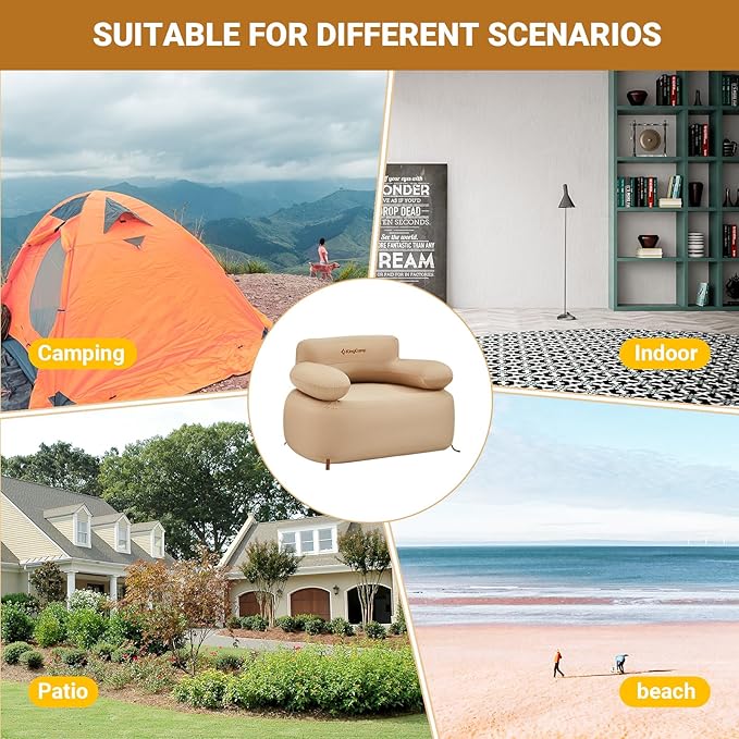KingCamp Inflatable Couch for Camping, Portable Foldable Eco-Friendly Reach-Certified PVC Liner Air Lounger Blow Up Sofa with Foot Pump, Pegs, Repair Kit & Removable Cover