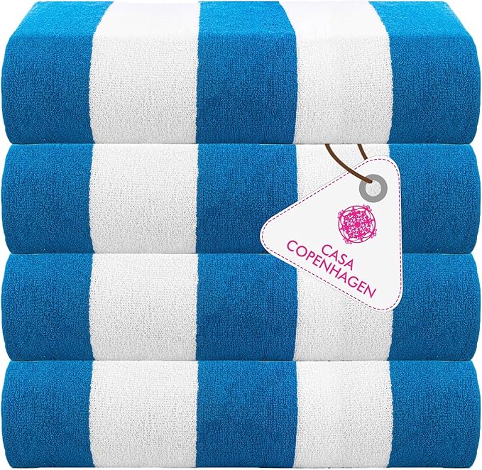 CASA COPENHAGEN Cabana Towel 4Pcs Teal Designer Stripe Beach Towels Gift Set, 30"x60" Oversized 100% Cotton Pool Bath Towel for Beach Gift Set (Perfect Summer Gift Set for Women & Men)