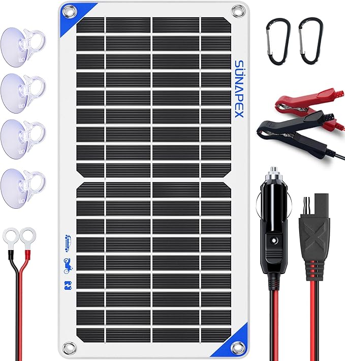 SUNAPEX Solar Battery Charger Maintainer, 10W 12V Portable Waterproof Solar Panel Trickle Charger with Built-in Charge Controller, Cig Plug, Alligator Clips, O-Rings for Car, Truck,Tractor, Boat, etc