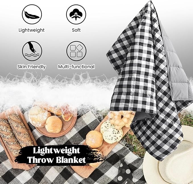 puredown® Checkered Feather Down Throw Blanket Lightweight Packable Buffalo Plaid Throw for Indoor and Outdoor Use, 50"X70", Black and White