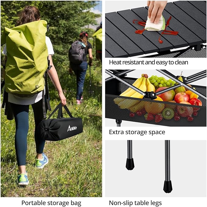 3ft Roll Top Camping Table, 2 Adjustable Heights Aluminum Folding Camping Table with Storage Net and Bag, Waterproof, Lightweight Outdoor Table 32.2” x 16”, for Travel BBQ Party Picnic, Black