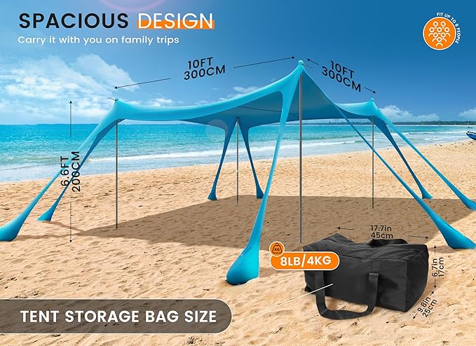 Beach Tent Sun Shelter, Portable Sun Canopy UPF50+ Outdoor Shade with 4 Stability Poles and 8 Sandbags, 10 x 10ft, Sand Shovel, Ground Pegs and Carry Bag for Beach, Camping, Fishing, Picnics