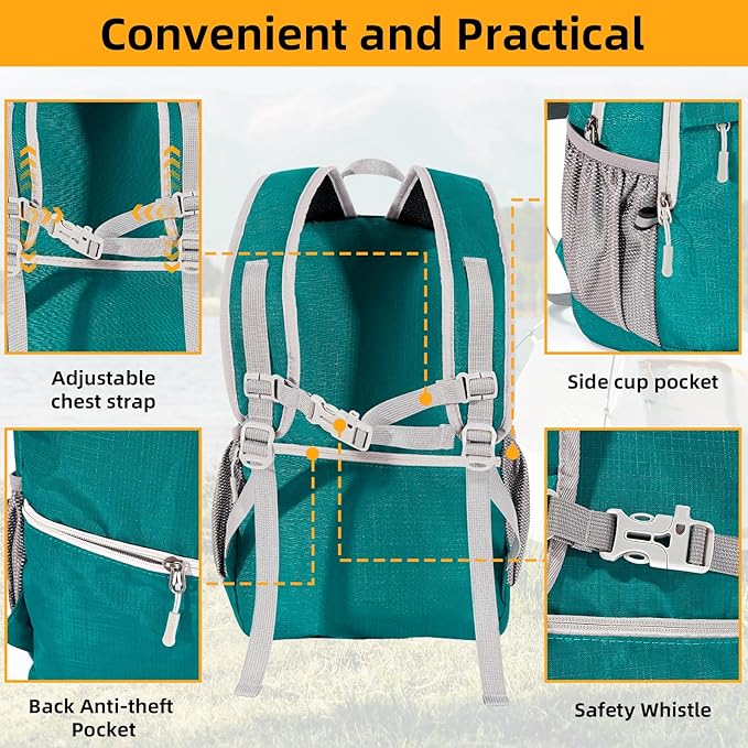 Lightweight Packable Small Hiking Backpack for Women Men - 20L Waterproof Foldable Daypack for Travel, Hiking, and Daily Use, Adjustable Chest Strap, Durable Nylon, Green