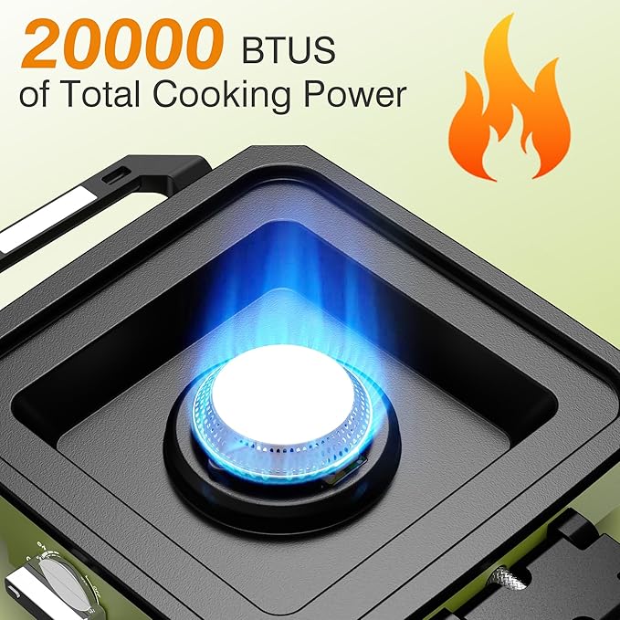 ODSD 2 Burner Camping Stove with Windshield, 20000 BTU Propane Camp Stove, Portable Folding Gas Stove, Camping Essentials Gears Includes Frying Pan, Coffee Stand & Carry Bag, Green