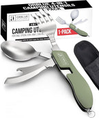 Orblue 4-in-1 Camping Utensils, 1-Pack, Portable Stainless Steel Spoon, Fork, Knife & Bottle Opener Combo Set - Travel, Backpacking Cutlery Multitool Olive Green