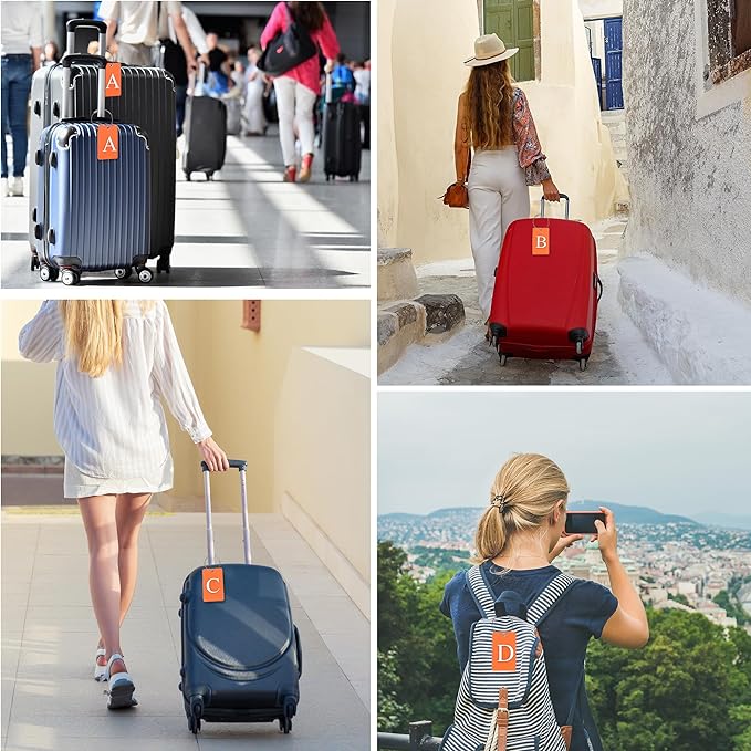 Gostwo 2 Pack Luggage Tags for Suitcases, 26 Initial Letter Travel Luggage Baggage Identification Labels ID Tag Fully Bendable Tags with Stainless Steel Loop (Orange) (Letter F)